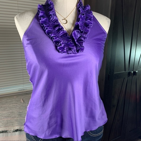 A. Byer Tops - A. Byer purple ruffle v-neck racer back sleeveless satin blouse size medium